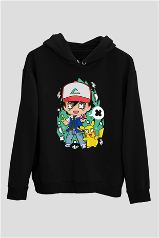 Pokemon Baskılı Unisex Siyah Hoodie