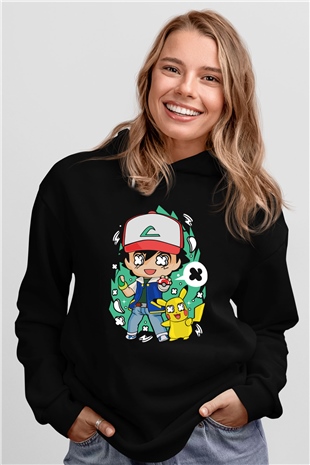 Pokemon Baskılı Unisex Siyah Hoodie