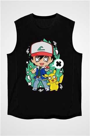 Pokemon Baskılı Unisex Siyah Kolsuz Tişört