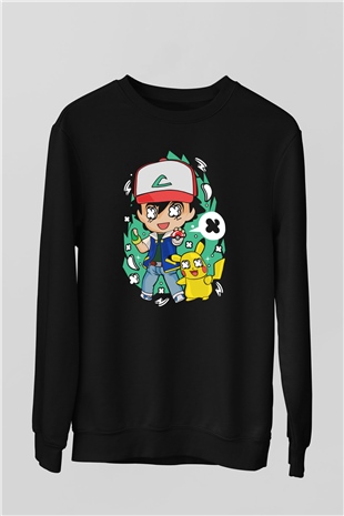 Pokemon Baskılı Unisex Siyah Sweatshirt