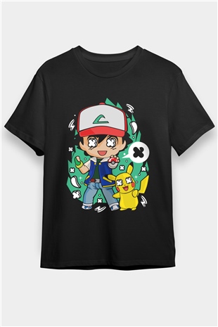 Pokemon Baskılı Unisex Siyah Tişört