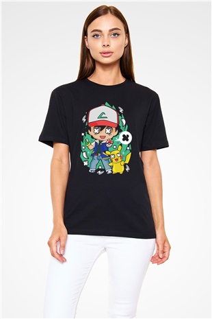 Pokemon Baskılı Unisex Siyah Tişört