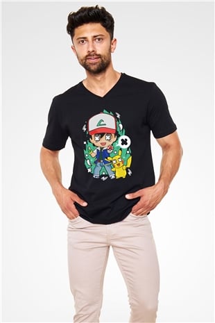 Pokemon Baskılı Unisex Siyah V Yaka Tişört