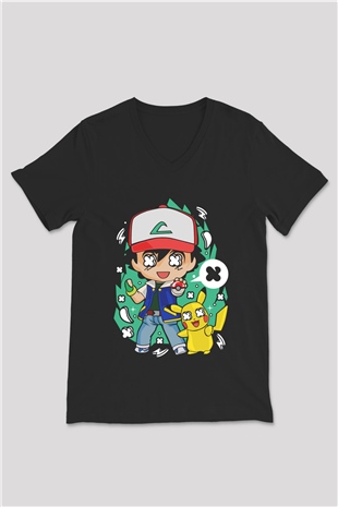 Pokemon Baskılı Unisex Siyah V Yaka Tişört