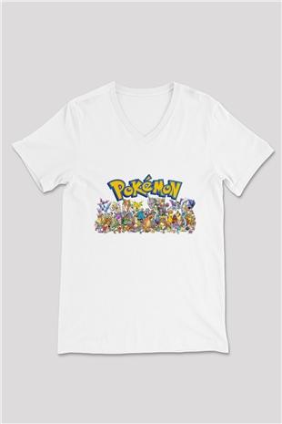 Pokemon Beyaz Unisex V Yaka Tişört