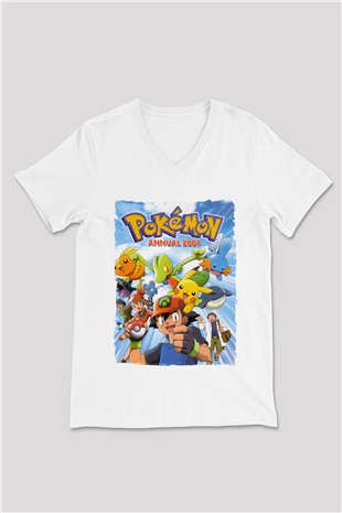Pokemon Beyaz Unisex V Yaka Tişört