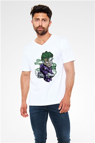 Poker Roket Rider Baskılı Unisex Beyaz V Yaka Tişört