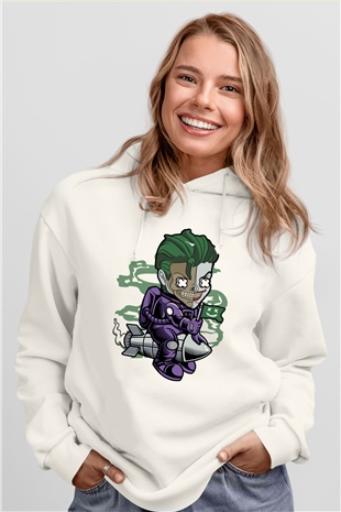 Poker Roket Rider Baskılı Unisex Beyaz Hoodie