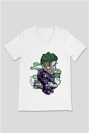 Poker Roket Rider Baskılı Unisex Beyaz V Yaka Tişört