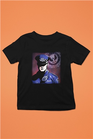 Polis Baskılı Siyah Unisex Çocuk Tişört