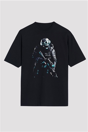 Polis Baskılı Oversize Siyah Tshirt