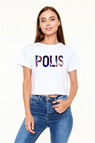 Polis Beyaz  Crop Top Tişört