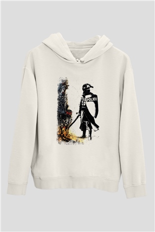 Polis Beyaz Unisex Kapüşonlu Sweatshirt