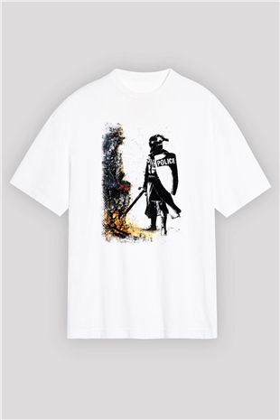 Polis Beyaz Oversize Tişört Oversize T-shirt - TişörtFabrikası