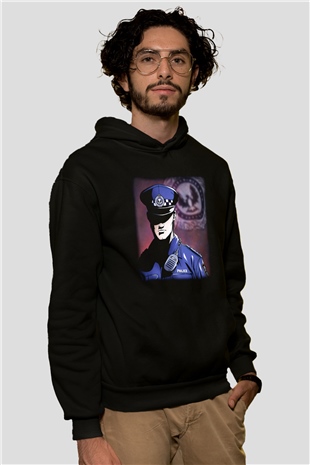 Polis Siyah Unisex Kapşonlu Sweatshirt