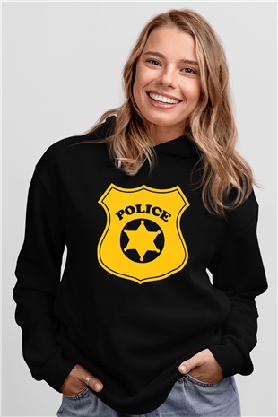 Polis Siyah Unisex Kapşonlu Sweatshirt