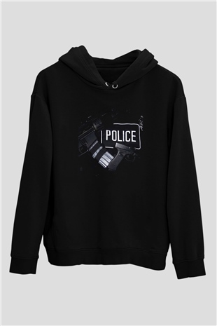 Polis Siyah Unisex Kapşonlu Sweatshirt