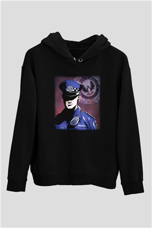 Polis Siyah Unisex Kapşonlu Sweatshirt
