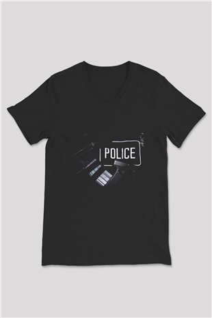 Polis Siyah Unisex V Yaka Tişört T-Shirt