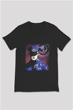 Polis Siyah Unisex V Yaka Tişört T-Shirt