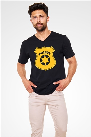 Polis Siyah Unisex V Yaka Tişört T-Shirt