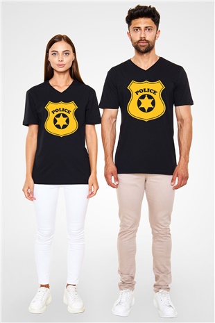 Polis Siyah Unisex V Yaka Tişört T-Shirt