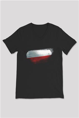 Polonya - Poland Bayrağı Baskılı Unisex Siyah V Yaka Tişört