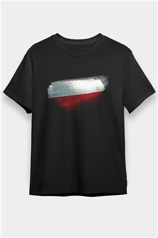 Polonya - Poland Bayrağı Baskılı Unisex Siyah Tişört