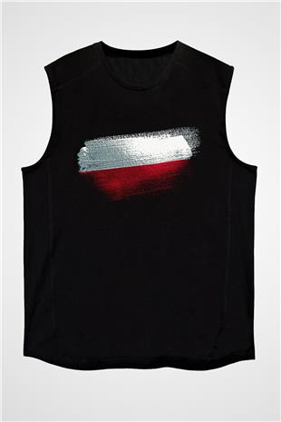 Polonya - Poland Bayrağı Baskılı Unisex Siyah Kolsuz Tişört