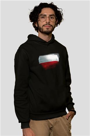 Polonya - Poland Bayrağı Baskılı Unisex Siyah Kapüşonlu Sweatshirt