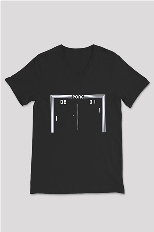 Pong Siyah Unisex  V Yaka Tişört