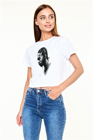 Pop Smoke Baskılı Beyaz Crop Top Kadın Tişört - Tshirt
