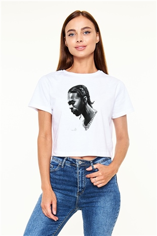 Pop Smoke Baskılı Beyaz Crop Top Kadın Tişört - Tshirt