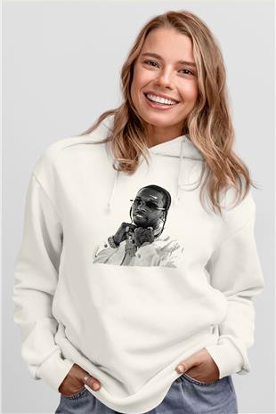 Pop Smoke Baskılı Beyaz Unisex Kapüşonlu Sweatshirt