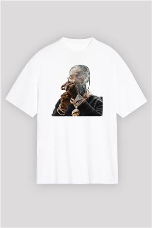 Pop Smoke Baskılı Beyaz Unisex Oversize Tişört - Tshirt