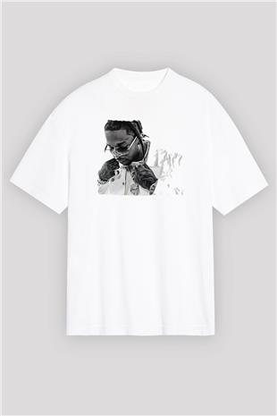 Pop Smoke Baskılı Beyaz Unisex Oversize Tişört - Tshirt