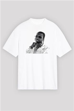 Pop Smoke Baskılı Beyaz Unisex Oversize Tişört - Tshirt