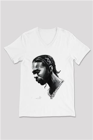 Pop Smoke Baskılı Beyaz Unisex V Yaka Tişört - Tshirt