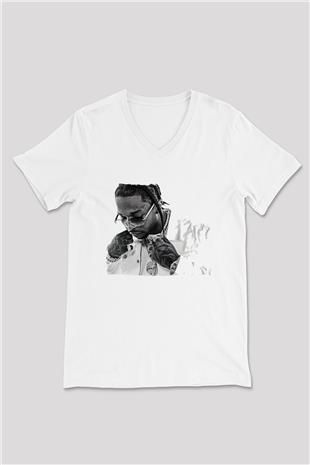 Pop Smoke Baskılı Beyaz Unisex V Yaka Tişört - Tshirt