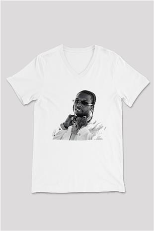 Pop Smoke Baskılı Beyaz Unisex V Yaka Tişört - Tshirt