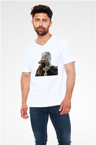 Pop Smoke Baskılı Beyaz Unisex V Yaka Tişört - Tshirt