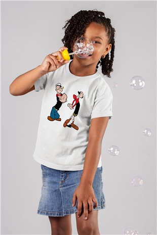 Popeye Baskılı Beyaz Unisex Çocuk Tişört