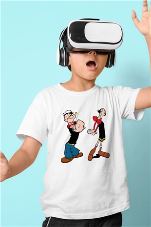 Popeye Baskılı Beyaz Unisex Çocuk Tişört