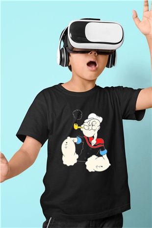 Popeye Baskılı Siyah Unisex Çocuk Tişört