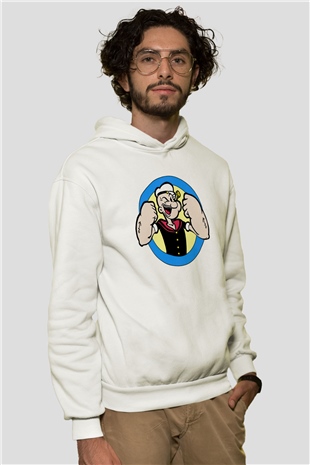 Popeye Beyaz Unisex Kapşonlu Sweatshirt