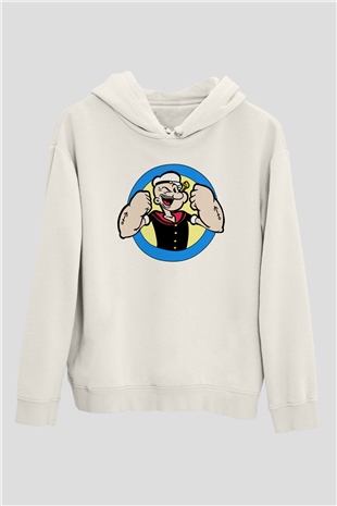 Popeye Beyaz Unisex Kapşonlu Sweatshirt