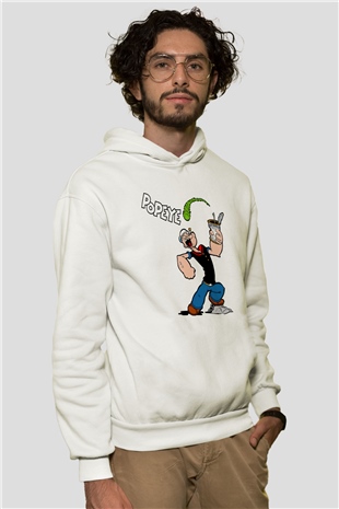 Popeye Beyaz Unisex Kapşonlu Sweatshirt