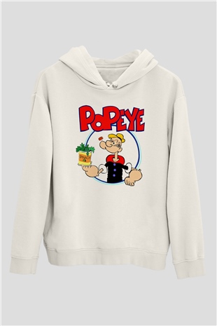 Popeye Beyaz Unisex Kapşonlu Sweatshirt