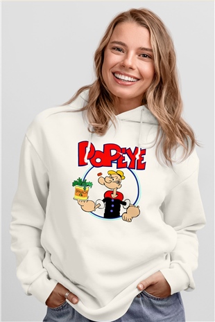 Popeye Beyaz Unisex Kapşonlu Sweatshirt