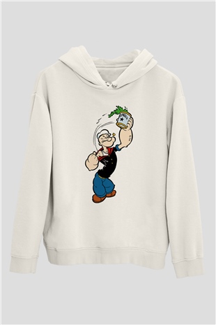 Popeye Beyaz Unisex Kapşonlu Sweatshirt